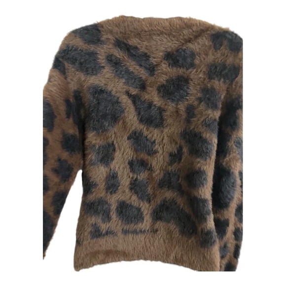 Brown black spotted fuzzy furry gold trim pearlized button cardigan sweater - Picture 10 of 11